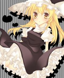 Rule 34 | 1girl, :&lt;, bad id, black dress, blonde hair, bow, braid, dress, female focus, full body, hair bow, hat, hat bow, heart, kirisame marisa, kneeling, long hair, looking at viewer, nayuta (artist), nayuta (scarlet-noize), puffy short sleeves, puffy sleeves, short sleeves, side braid, skirt, skirt set, solo, striped background, touhou, white bow, witch hat