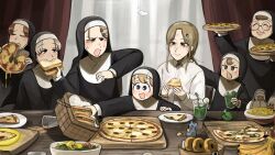 6+girls :d banana basket bendy_straw bird blonde_hair blue_eyes broccoli brown_hair chicken closed_eyes clumsy_nun_(diva) commentary corn diva_(hyxpk) donut drinking_straw duck duckling eating english_commentary feathers food froggy_nun_(diva) fruit glass glasses grey_hair highres hungry_nun_(diva) little_nuns_(diva) mole mole_on_cheek mouse_(animal) multiple_girls nun open_mouth pancake_nun_(diva) pizza round_eyewear sandwich shirt smile smug_nun_(diva) strict_nun&#039;s_mother_(diva) strict_nun_(diva) traditional_nun triangle_mouth white_shirt