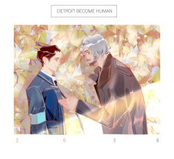 2boys adjusting_another&#039;s_clothes adjusting_clothes adjusting_necktie beard black_necktie blue_coat border brown_coat brown_eyes brown_hair closed_mouth coat collared_coat collared_shirt connor_(detroit) copyright_name detroit:_become_human face-to-face facial_hair grey_hair hank_anderson highres lapels leaf light_particles long_sleeves male_focus multiple_boys mustache necktie notched_lapels open_clothes open_coat outdoors sbgpand shirt short_hair smile thick_eyebrows upper_body white_border white_shirt