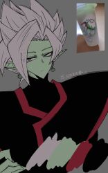 1boy black_bodysuit bodysuit colored_skin crossed_arms dragon_ball dragon_ball_super earrings expressionless fused_zamasu green_skin grey_eyes jewelry long_sleeves looking_to_the_side pointy_ears potara_earrings solo spiked_hair v621 white_hair