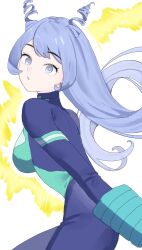 Rule 34 | 1girl, blue bodysuit, blue eyes, blue hair, bodysuit, boku no hero academia, breasts, commentary, drill hair, energy, gloves, green bodysuit, hado nejire, hair horns, highres, long hair, looking at viewer, medium breasts, multicolored bodysuit, neko meshi222, open mouth, simple background, skin tight, solo, superhero costume, twin drills, very long hair, white background