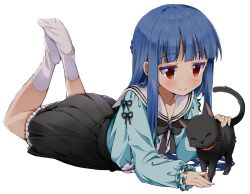 Rule 34 | 1girl, aqua shirt, black bow, black bowtie, black cat, black skirt, blue hair, blush, bow, bowtie, caressing, cat, frilled shirt, frilled sleeves, frills, full body, highres, idolmaster, idolmaster cinderella girls, idolmaster cinderella girls u149, jitome, legs up, long hair, long sleeves, looking at another, lying, michii yuuki, no shoes, on stomach, pero (idolmaster cinderella girls), pleated skirt, red eyes, sailor collar, sajo yukimi, shirt, sidelocks, skirt, smile, socks, white background, white sailor collar, white socks