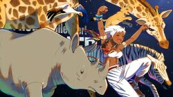 1girl animal animal_print armlet arms_up bandeau bird bracelet dark_skin earrings elena_(street_fighter) giraffe happy highres jewelry light_blush lion lion_cub mango_(mgosketches) multiple_others open_mouth pants rhinoceros running sandals scarf secretarybird street_fighter street_fighter_6 white_bandeau white_hair white_pants zebra zebra_print