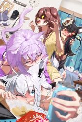 Rule 34 | + +, 4girls, animal ear fluff, animal ears, biting, biting ear, black hair, blue eyes, blush, braid, brown hair, cat girl, cat tail, chips (food), claw pose, closed eyes, closed mouth, crossed bangs, daichi lds, dog ears, dog girl, dog tail, drink, drunk, food, fox girl, fox tail, hair between eyes, highres, holding, holding drink, holding own tail, hololive, indoors, inugami korone, long hair, multiple girls, nekomata okayu, one eye closed, ookami mio, open mouth, orange eyes, pajamas, potato chips, purple hair, purple shirt, purple shorts, shirakami fubuki, shirt, shorts, sidelocks, tail, tank top, twin braids, virtual youtuber, white hair, white tank top, wolf ears, wolf girl, yellow shirt, yellow shorts