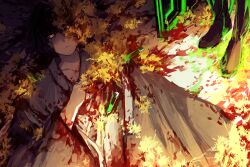 2boys blood blood_on_clothes blood_on_face blood_on_ground closed_mouth coat e.g.o_(project_moon) grey_coat hanbok hand_up highres hong_lu_(project_moon) k_corp._(identity)_(project_moon) korean_clothes limbus_company lying multiple_boys on_back project_moon sagara_(pixiv_94599180) spicebush_(e.g.o) syringe technology_liberation_alliance_(identity)_(project_moon) white_hanbok yellow_eyes yi_sang_(project_moon)