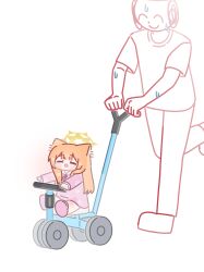 Rule 34 | 1boy, 1girl, absurdres, animal ear fluff, animal ears, blue archive, blunt bangs, blush, chibi, closed eyes, doodle sensei (blue archive), halo, highres, horuhara, long hair, long sleeves, mari (blue archive), neck ribbon, no nose, open mouth, orange hair, pajamas, pants, pink pajamas, pink slippers, polka dot, polka dot pajamas, ribbon, sensei (blue archive), shirt, short sleeves, sitting, slippers, smile, standing, standing on one leg, sweat, yellow halo