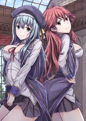 2girls back-to-back black_skirt blue_eyes blue_hair breasts cleavage cloud from_side hair_between_eyes hat hoshimaemi kenja_no_mago long_hair long_sleeves looking_at_viewer maria_von_messina medium_breasts miniskirt multiple_girls open_clothes pleated_skirt red_hair ribbon sizilien_von_klode skirt sky smile standing tailcoat