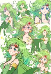 1girl aqua_eyes bare_shoulders blush breasts cape cleavage detached_sleeves dress earrings final_fantasy final_fantasy_iv green_cape green_dress green_hair hair_ornament hand_on_own_hip hand_to_own_mouth hands_on_own_chest highres jewelry lace-up_sleeves long_hair medium_breasts multiple_views open_mouth own_hands_together parted_bangs pointing rydia_(ff4) sa_kichi smile star_(symbol) star_earrings sweat teardrop teeth upper_body wavy_hair white_background