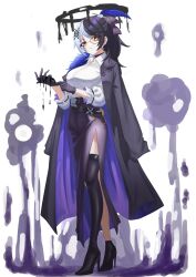 1girl absurdres adjusting_clothes adjusting_gloves alternate_costume black_choker black_coat black_gloves black_hair black_halo black_skirt boots choker closed_mouth coat coat_on_shoulders collared_shirt gloves halo high_heel_boots high_heels highres hololive hololive_english liquid_halo monocle multicolored_hair shiori_novella shirt side_slit single_thigh_boot skirt slime_(substance) solo split-color_hair thigh_boots two-tone_hair virtual_youtuber white_hair white_shirt yellow_eyes yorn_(yor_n)