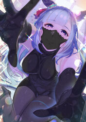 1girl absurdres alternate_costume animal_ears bare_shoulders black_gloves black_pantyhose black_shoes blue_hair blurry blurry_background braid breasts commentary_request crown_braid doushi_tatsu_to_dekkai_no dress ear_covers ear_ornament elbow_gloves gloves high_heels highres horse_ears horse_girl horse_tail lens_flare medium_breasts mejiro_ardan_(umamusume) pantyhose purple_eyes reaching reaching_towards_viewer shoes sitting skin_tight sleeveless sleeveless_dress solo tail umamusume