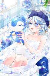 1girl absurdres ahoge almanju bare_shoulders bathing bathtub blue_eyes blue_hair blue_nails bubble collarbone fingernails furina_(genshin_impact) genshin_impact gentilhomme_usher heterochromia highres indoors mademoiselle_crabaletta multicolored_hair nail_polish nude open_mouth short_hair smile soap_bubbles sparkle surintendante_chevalmarin symbol-shaped_pupils teeth towel towel_on_head upper_teeth_only white_hair