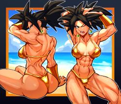 1girl abs absurdres ass back bikini breasts collarbone dragon_ball dragon_ball_super earrings golden_week_bikini highres jewelry kefla_(dragon_ball) kuurantto large_breasts long_hair looking_at_viewer muscular muscular_female navel potara_earrings solo spiked_hair swimsuit