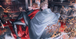 2boys absurdres bishop_(chess) black_pants blue_eyes book bookshelf bottle brothers chess_piece crossed_legs cup drinking_glass fireplace globe gun handgun highres indoors king_(chess) knight_(chess) looking_back millions_knives multiple_boys orange-tinted_eyewear pants pawn_(chess) queen_(chess) rook_(chess) siblings smile tinted_eyewear trigun undercut vash_the_stampede weapon wine_bottle wine_glass yakikesen
