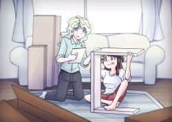 2girls alternate_costume assembling blonde_hair brown_hair building couple diana_cavendish holding holding_paper kagari_atsuko little_witch_academia long_hair multicolored_hair multiple_girls paper reading shirt shorts sleeves_rolled_up socks table two-tone_hair usbfan wavy_hair white_shirt window wooden_floor yuri