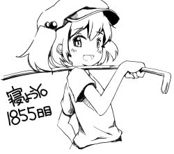 1girl blush cactas7 crowbar greyscale hair_bobbles hair_ornament hat highres holding kawashiro_nitori looking_at_viewer monochrome newsboy_cap open_mouth short_hair solo touhou upper_body white_background