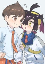 Rule 34 | 2boys, antenna hair, black hair, blue shirt, blush, brown eyes, brown hair, closed mouth, collared shirt, crossed bangs, fingerless gloves, florian (pokemon), gloves, hair between eyes, highres, kieran (pokemon), long sleeves, looking at another, male focus, mole, mole on neck, mtitp54, multiple boys, necktie, nintendo, orange necktie, partially fingerless gloves, pokemon, pokemon sv, purple hair, red gloves, red necktie, shirt, short hair, short sleeves, simple background, single fingerless glove, smile, white background, white shirt