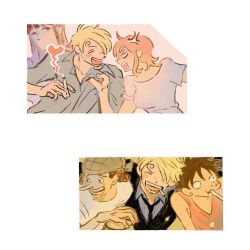2girls 3boys anger_vein black_hair black_necktie black_suit blank_eyes blonde_hair blue_eyes blue_shirt blunt_bangs cigarette curly_eyebrows formal_clothes heart highres long_nose monkey_d._luffy multiple_boys multiple_girls nami_(one_piece) necktie nico_robin one_piece orange_hair pajamainu2 red_shirt sanji_(one_piece) scar scar_on_face shirt short_hair suit usopp