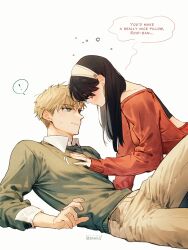 1boy 1girl absurdres bare_shoulders black_hair blush breasts dress earrings gold_earrings green_eyes hairband highres husband_and_wife jewelry large_breasts long_hair long_sleeves maiii_(smaii_i) open_mouth red_sweater shirt sidelocks spy_x_family sweater twilight_(spy_x_family) white_hairband yor_briar