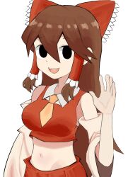 1girl armpit_peek black_eyes bow breasts brown_hair collared_shirt cookie_(touhou) crop_top detached_sleeves dress empty_eyes frilled_bow frilled_hair_tubes frills hair_between_eyes hair_bow hair_tubes hakurei_reimu highres long_bangs long_hair looking_at_viewer medium_breasts midriff navel necktie noel_(cookie) open_mouth pro55h red_bow red_dress red_shirt red_skirt shirt sidelocks simple_background skirt sleeveless sleeveless_shirt smile solo teeth touhou transparent_background upper_body upper_teeth_only waving white_sleeves wide_sleeves yellow_necktie