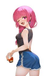 1girl ;d absurdres agm alcohol ass black_nails black_tank_top blue_shorts blush bocchi_the_rock! braid breasts commentary_request cowboy_shot cup drinking_glass earrings fingernails hanafuda_earrings highres hiroi_kikuri holding holding_cup jewelry long_fingernails long_hair looking_at_viewer medium_breasts nail_polish one_eye_closed open_mouth purple_eyes purple_hair sharp_teeth shorts simple_background single_braid smile solo standing tank_top teeth tongue turning_head white_background