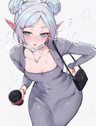 1girl :o absurdres alternate_costume alternate_hairstyle blush bracelet breasts cleavage collarbone double_bun dress earrings elf frieren green_eyes grey_dress hair_bun hair_ornament hairclip highres holding jewelry leaning_forward long_sleeves looking_at_viewer mask mouth_mask necklace open_mouth paid_reward_available patreon_username pointy_ears qiandaiyiyu simple_background solo sousou_no_frieren thick_eyebrows white_background white_hair