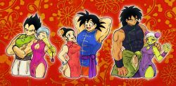 3boys 3girls arm_around_shoulder arm_hug armpits arms_behind_head black_hair blue_hair bracelet breasts broly_(dragon_ball_super) bulma bun_cover cheelai chi-chi_(dragon_ball) china_dress chinese_clothes cleavage cleavage_cutout clothing_cutout colored_skin couple cropped_legs crossed_arms double_bun dragon_ball dragon_ball_super dragon_ball_super_broly dragonball_z dress floral_background green_skin hair_bun hetero highres jewelry looking_at_another looking_at_viewer multiple_boys multiple_girls muscular ok_sign pelt red_background ring short_hair single_hair_bun sleeveless sleeveless_dress smile son_goku spiked_hair tan tofu_(tttto_f) vegeta white_hair wristband