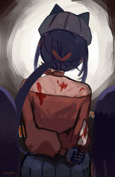 3girls animal_ear_headwear animal_ears bare_shoulders blood blood_on_back bloody_knife blue_gloves blue_hair blue_hat blue_skirt chocojax choker commentary cool_mita_(miside) fake_animal_ears from_behind gloves hat highres holding holding_knife knife long_hair long_sleeves low_ponytail miside mita_(miside) multiple_girls pleated_skirt ponytail red_choker red_shirt shirt skirt solo_focus