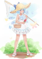 1girl absurdres alternate_costume bare_legs basket blue_bow blue_eyes blue_hair blush bob_cut bow breasts bug butterfly butterfly_net cirno commentary_request double-parted_bangs dress feet food frills full_body hair_bow hand_net hand_up hat high_heel_sandals high_heels highres holding holding_butterfly_net holding_food holding_popsicle ice ice_wings insect legs legs_apart light_smile littiecy looking_at_viewer outdoors popsicle sandals short_hair sideboob simple_background solo split_mouth standing straw_hat sun_hat sundress tan tanned_cirno toenails toes touhou variant_set watermelon_bar white_background wings