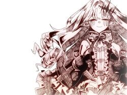 1girl baobhan_sith_(fate) baobhan_sith_(first_ascension)_(fate) breasts closed_eyes detached_sleeves dress facing_viewer fate/grand_order fate_(series) frilled_dress frills hair_ornament hand_up long_hair monochrome ogura_hasu pointy_ears sidelocks smile solo tearing_up