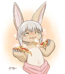 1other :3 androgynous animal_ears brown_fur eating food food_on_face furry gomuhimo_(nawataro) heart highres holding holding_food holding_pizza horizontal_pupils made_in_abyss nanachi_(made_in_abyss) navel other_focus pizza rabbit_ears solo upper_body whiskers white_hair yellow_eyes