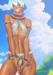 1girl abs anklet armlet bikini blue_sky blush breasts bujiankang closed_eyes cowboy_shot dark-skinned_female dark_skin earrings elena_(street_fighter) facing_viewer fingernails gluteal_fold grin groin hair_between_eyes head_tilt highres jewelry large_breasts legs_apart navel neck_ring own_hands_together short_hair sky smile solo steepled_fingers stomach straight-on street_fighter street_fighter_iii_(series) swimsuit toned toned_female variant_set white_hair