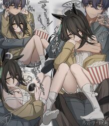 1boy 1girl absurdres animal_ears black_hair bucket closed_mouth coffee commentary_request cup food hair_between_eyes hetero highres holding holding_cup horse_ears horse_girl horse_tail leogust long_hair looking_at_viewer manhattan_cafe_(umamusume) multicolored_hair multiple_views popcorn sitting smile socks speech_bubble streaked_hair tail thighs trainer_(umamusume) translation_request umamusume white_hair white_socks yellow_eyes