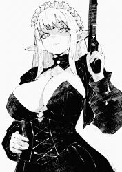 1girl absurdres black_dress black_shirt black_sleeves breasts cleavage_cutout clothing_cutout corset cowboy_shot dress elf frown greyscale gun hand_on_own_hip hatching_(texture) highres holding holding_gun holding_weapon large_breasts long_hair looking_afar maid_headdress miregeist monochrome original pointy_ears shirt sidelocks standing weapon white_background