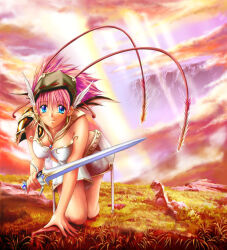1girl akiba_yuji all_fours antennae armor bad_id bikini_armor blue_eyes breasts cleavage closed_mouth cloud commentary_request earrings feathered_wings full_body grass head_wings holding holding_sword holding_weapon jewelry large_breasts looking_at_viewer original pauldrons pink_hair rainbow short_hair shoulder_armor single_pauldron smile solo sword weapon white_wings wings