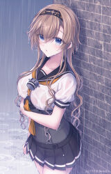 1girl black_headband black_sailor_collar blue_eyes braid breasts brown_hair clothes_writing corset cowboy_shot gloves hachimaki hair_ornament hairband headband highres kabocha_torute kantai_collection large_breasts light_brown_hair long_hair looking_at_viewer medium_breasts multicolored_gloves neckerchief open_mouth orange_neckerchief outdoors propeller_hair_ornament rain sailor_collar school_uniform serafuku solo teruzuki_(kancolle) twin_braids wall wet wet_clothes yellow_neckerchief