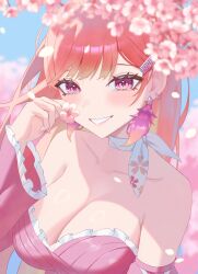 1girl :d blurry blurry_background blurry_foreground breasts cherry_blossoms cleavage colored_inner_hair commentary day depth_of_field detached_sleeves dress earrings feather_earrings feathers flower green_hair grin hand_up highres holding holding_flower hololive hololive_english jewelry large_breasts long_hair looking_at_viewer multicolored_hair official_alternate_costume official_alternate_hairstyle open_mouth orange_hair outdoors perfume_(takanashi_kiara) pink_dress pink_eyes pink_feathers pink_sleeves scarf smile solo straight_hair strapless strapless_dress swept_bangs takanashi_kiara takanashi_kiara_(perfume) upper_body virtual_youtuber white_scarf yubbiidraw