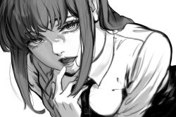 Rule 34 | 1girl, chainsaw man, collared shirt, commentary, english commentary, esmile, eyelashes, finger to mouth, greyscale, highres, leaning forward, long hair, looking at viewer, makima (chainsaw man), monochrome, necktie, open mouth, ringed eyes, shirt, sidelocks, simple background, solo, white background