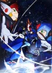 Rule 34 | 2boys, absurdres, armor, axl (mega man), black armor, blue armor, blue helmet, brown hair, chest jewel, forehead jewel, full body, helmet, highres, long hair, mega man (series), mega man x (series), multiple boys, multiple views, red helmet, space, spiked hair, star (symbol), wawadochi