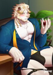 1boy absurdres artist_name astosis_(live_a_hero) black_male_underwear blonde_hair blue_eyes blue_shirt blush braid chair copyright_request cup furry furry_male highres holding holding_cup live_a_hero male_focus male_underwear necktie office_chair plant shirt swivel_chair table tsuroe twin_braids underwear yellow_necktie