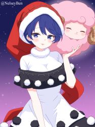 1girl black_dress blush bnelsey breasts commentary doremy_sweet dress english_commentary hat large_breasts looking_at_viewer multicolored_dress nightcap paid_reward_available pom_pom_(clothes) purple_eyes purple_hair red_hat sheep short_hair short_sleeves solo touhou twitter_username two-tone_dress white_dress