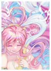1girl ^_^ bikini breasts bubble cleavage closed_eyes eyelashes fish fish_hair_ornament gunjo_shizuko hagoromo hair_ornament highres long_hair mermaid monster_girl one_piece pink_hair shawl shirahoshi smile swept_bangs swimsuit underwater yellow_bikini