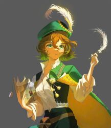 1girl black_shorts black_vest breasts brown_hair cape cleavage green_cape green_eyes green_hat grey_background hair_between_eyes hands_up hat hat_feather highres holding holding_notebook holding_quill looking_at_viewer mole mole_under_eye notebook open_clothes open_vest parted_lips quill recoleta_(reverse:1999) reverse:1999 shirt short_hair shorts solo upper_body vest white_shirt yowl