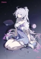 1girl absurdres ahoge artist_name blue_eyes collarbone commentary detached_collar dress gradient_hair high_ponytail highres honkai_(series) honkai_impact_3rd kiana_kaslana kiana_kaslana_(herrscher_of_finality) long_hair looking_at_viewer multicolored_hair pmg ponytail puffy_short_sleeves puffy_sleeves purple_hair short_sleeves sitting solo star-shaped_pupils star_(symbol) symbol-shaped_pupils two-tone_hair very_long_hair wariza white_hair