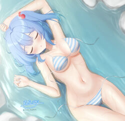 absurdres bikini blue_bikini blue_hair blush breasts cleavage closed_eyes commentary_request from_above highres hyakuya_iori kawashiro_nitori large_breasts navel short_hair signature solo striped_bikini striped_clothes swimsuit touhou twitter_username two_side_up undone_bikini variant_set wading white_bikini