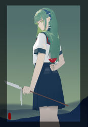 1girl absurdres blue_hairband blue_sailor_collar blue_skirt blunt_bangs flower frog_hair_ornament from_behind gohei green_hair hair_behind_ear hair_intakes hair_ornament hairband highres holding holding_flower holding_gohei kochiya_sanae long_hair looking_at_viewer looking_back lting rose sailor_collar school_uniform serafuku skirt skirt_set snake_hair_ornament touhou white_serafuku