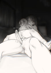 2girls abutomato blush censored feet gag grabbing_another&#039;s_breast groping highres imminent_penetration loli mahou_shoujo_madoka_magica momoe_nagisa monochrome multiple_girls nipples nude penis pussy sakura_kyoko spread_legs sweat tears