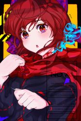 absurdres blue_fire bow breasts cape cloak disembodied_head fins fire hair_bow head_fins highres hirwannew red_cape red_cloak red_eyes red_hair ribbon-trimmed_bow ribbon_trim sekibanki sekibanki_day small_breasts touhou