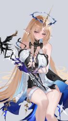 1girl absurdres bare_shoulders black_collar black_dress blonde_hair blue_eyes blue_hair blue_hands blush breast_curtains breasts closed_mouth collar commentary_request crown_of_thorns dress earrings fleurdelys_(wuthering_waves) floating_earrings grey_background highres holding holding_sword holding_weapon horns jewelry large_breasts legs long_hair long_horns looking_at_viewer navel necklace pointy_ears sidelocks simple_background single_horn solo sword tacet_mark_(wuthering_waves) thighs user_vnea4558 very_long_hair weapon wuthering_waves yellow_horns