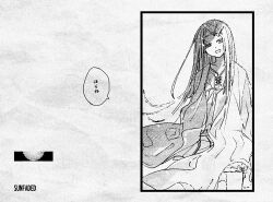 1girl arms_at_sides coat commentary_request distortion floating_hair gakuen_idolmaster greyscale hair_ornament hairclip half-closed_eyes head_tilt idolmaster image_warping long_hair long_sleeves looking_at_viewer monochrome negative_space open_clothes open_coat paper_texture psychonose shinosawa_hiro shirt shorts smile solo song_name speech_bubble standing sunfaded_(idolmaster) swept_bangs translation_request