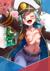 1girl ;d belt blue_pants blush breasts coat collarbone commentary_request cosplay drake_(pokemon) drake_(pokemon)_(cosplay) earrings green_eyes green_hair happy hat heart highres jewelry lisia_(pokemon) looking_at_viewer nintendo nipples one_eye_closed open_clothes open_coat open_mouth pants pokemon pokemon_oras rorretsim sidelocks smile solo sparkle star_(symbol) tongue unaligned_breasts white_hat